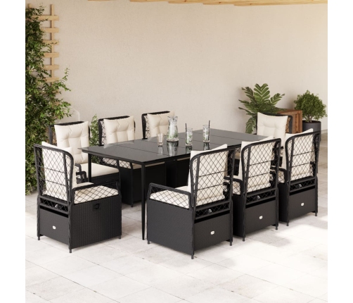 Set de comedor de jardín 9 pzas y cojines ratán sintético negro