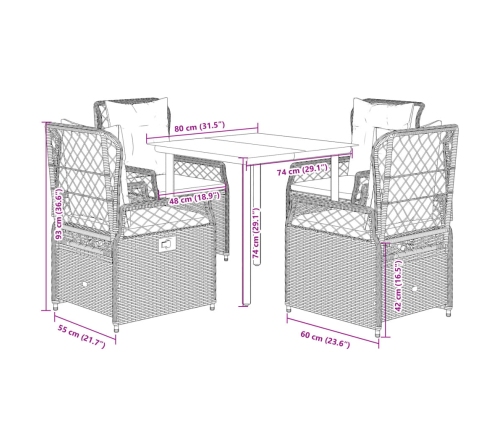 Set de muebles jardín 5 pzas con cojines ratán sintético negro
