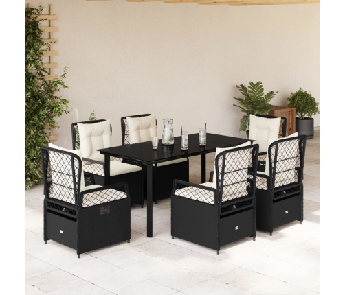 Set de comedor de jardín 7 pzas y cojines ratán sintético negro