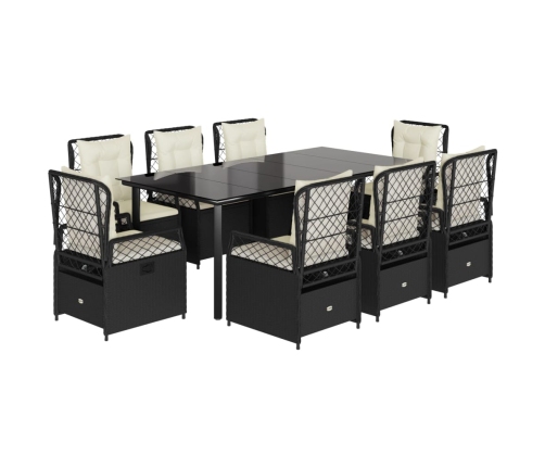 Set de comedor de jardín 9 pzas y cojines ratán sintético negro
