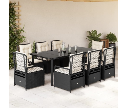 Set de comedor de jardín 9 pzas y cojines ratán sintético negro