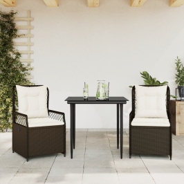 Set comedor de jardín 3 piezas y cojines ratán sintético marrón