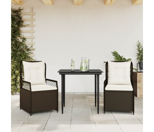 Set comedor de jardín 3 piezas y cojines ratán sintético marrón