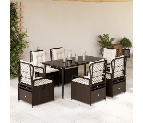 Set comedor de jardín 7 pzas con cojines ratán sintético marrón