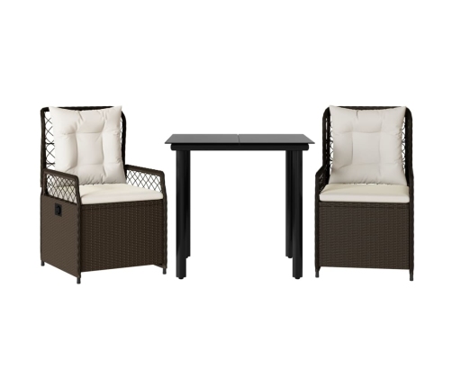 Set comedor de jardín 3 piezas y cojines ratán sintético marrón