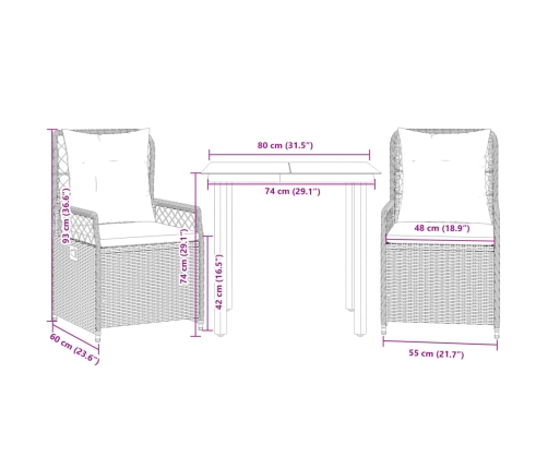 Set comedor de jardín 3 piezas y cojines ratán sintético marrón