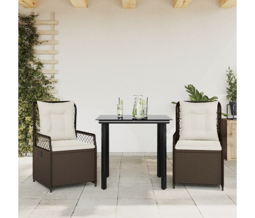 Set comedor de jardín 3 piezas y cojines ratán sintético marrón