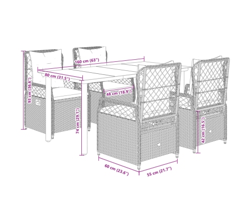 Set comedor de jardín 5 piezas y cojines ratán sintético marrón