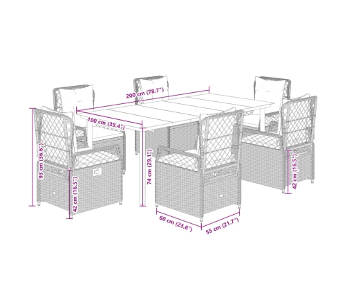 Set comedor de jardín 7 pzas con cojines ratán sintético marrón