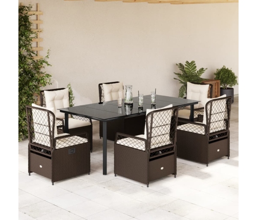 Set comedor de jardín 7 pzas con cojines ratán sintético marrón