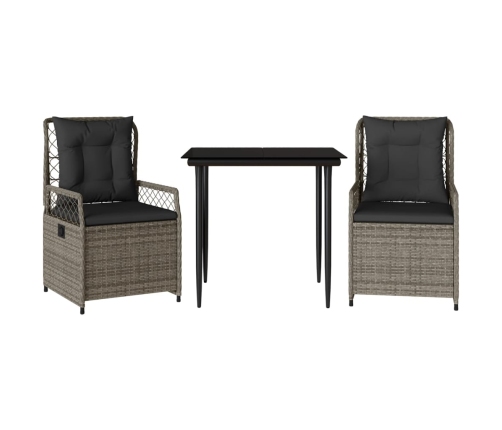 Set comedor de jardín 3 piezas con cojines ratán sintético gris