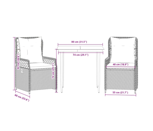 Set comedor de jardín 3 piezas con cojines ratán sintético gris