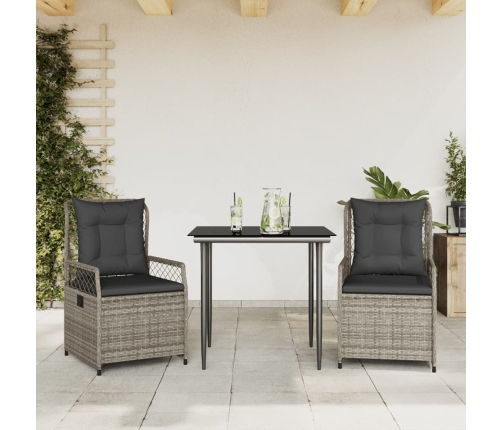 Set comedor de jardín 3 piezas con cojines ratán sintético gris