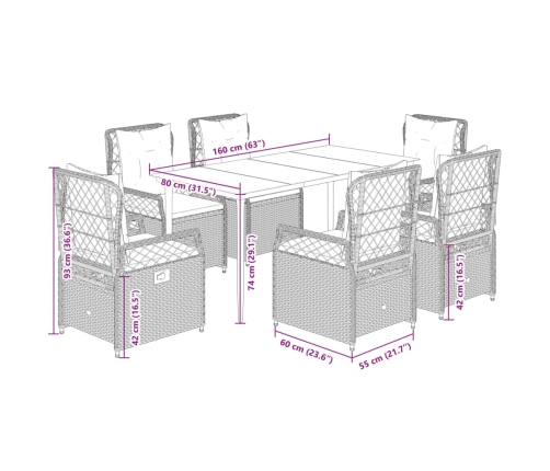 Set comedor jardín 7 pzas y cojines ratán sintético gris