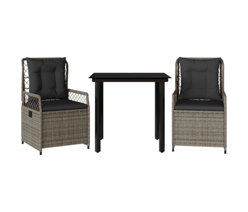 Set comedor de jardín 3 piezas con cojines ratán sintético gris