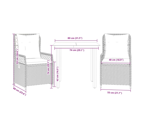 Set comedor de jardín 3 piezas con cojines ratán sintético gris