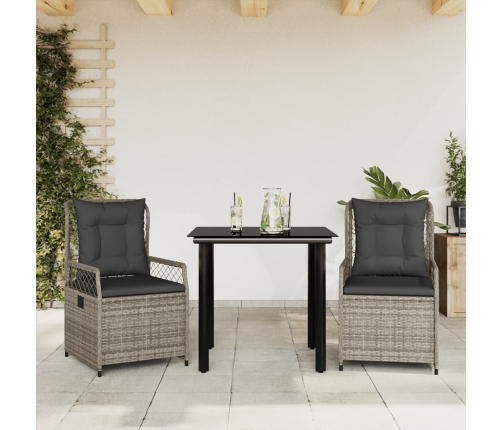 Set comedor de jardín 3 piezas con cojines ratán sintético gris