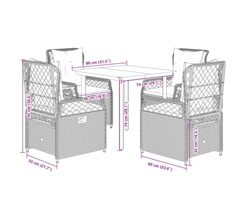 Set comedor de jardín 5 piezas con cojines ratán sintético gris