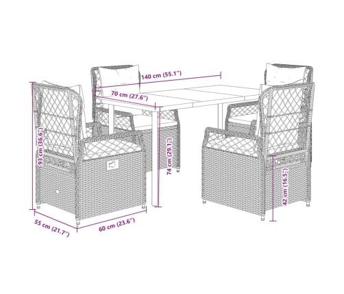 Set comedor de jardín 5 piezas con cojines ratán sintético gris