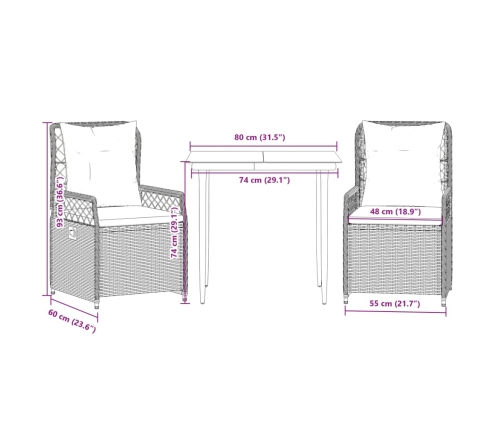 Set comedor de jardín 3 pzas con cojines ratán sintético beige