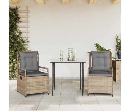 Set comedor de jardín 3 pzas con cojines ratán sintético beige