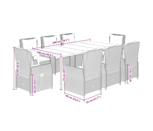 Set comedor de jardín 9 pzas con cojines ratán sintético beige