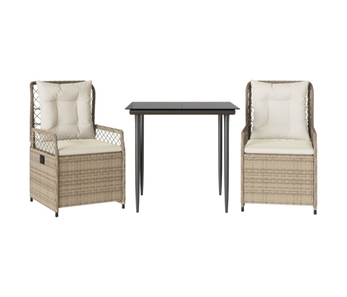 Set comedor de jardín 3 pzas con cojines ratán sintético beige