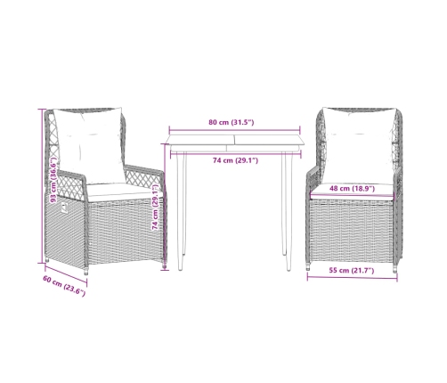 Set comedor de jardín 3 pzas con cojines ratán sintético beige