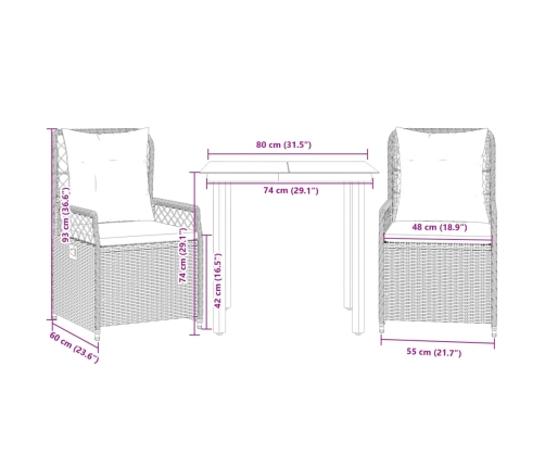 Set comedor de jardín 3 pzas con cojines ratán sintético beige