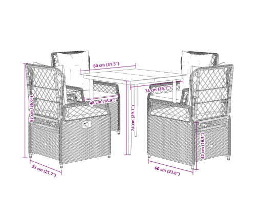 Set comedor de jardín 5 pzas cojines ratán sintético gris claro