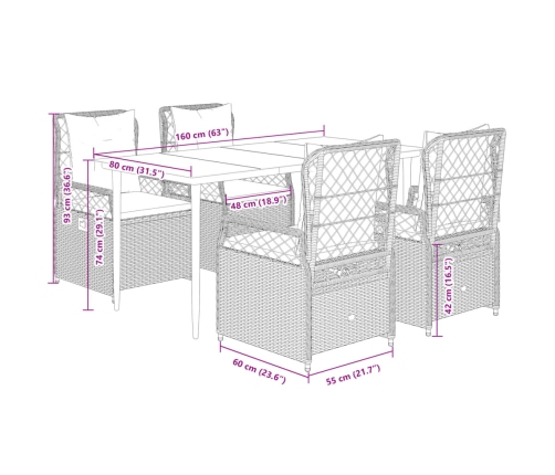 Set comedor de jardín 5 pzas cojines ratán sintético gris claro