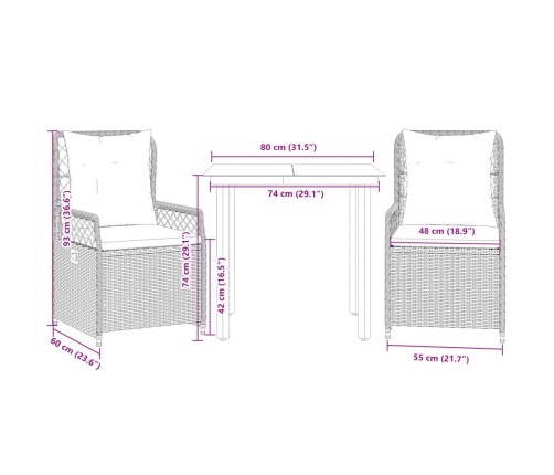 Set comedor de jardín 3 pzas cojines ratán sintético gris claro