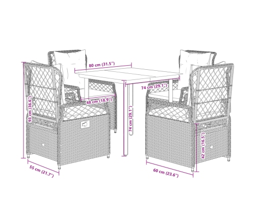 Set comedor de jardín 5 pzas cojines ratán sintético gris claro