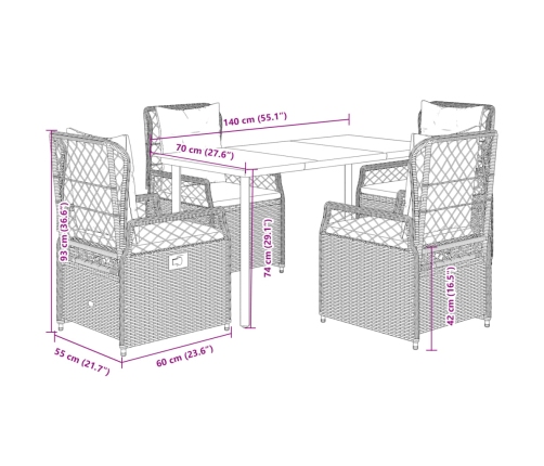Set comedor de jardín 5 pzas cojines ratán sintético gris claro