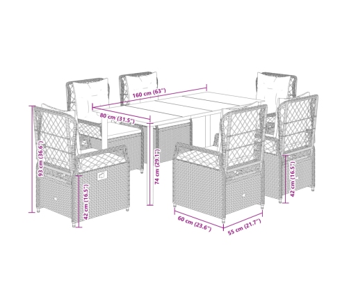 Set comedor jardín 7 pzas y cojines ratán sintético gris claro