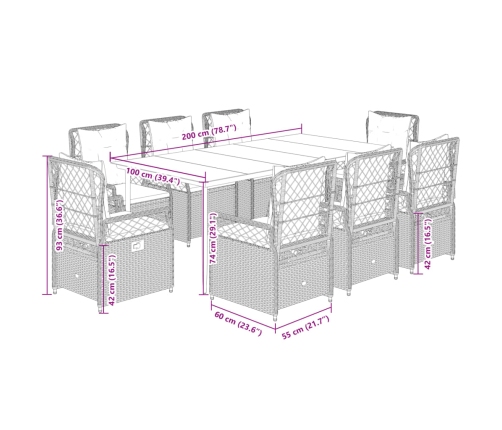 Set comedor de jardín 9 pzas cojines ratán sintético gris claro