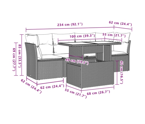 Set de muebles de jardín 5 pzas y cojines ratán sintético negro