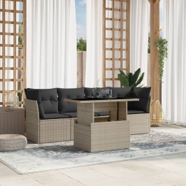 Set de sofás jardín y cojines 5 pzas ratán sintético gris claro
