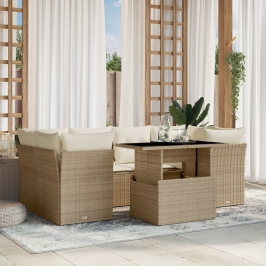 Set sofás de jardín 7 piezas y cojines ratán sintético beige