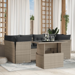 Set de sofás de jardín 7 pzas con cojines ratán PE gris claro