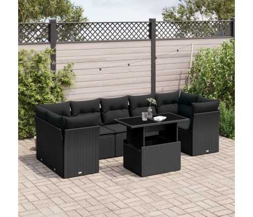 Set de sofás de jardín 8 piezas y cojines ratán sintético negro