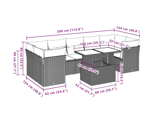 Set de sofás de jardín 8 pzas y cojines ratán sintético gris