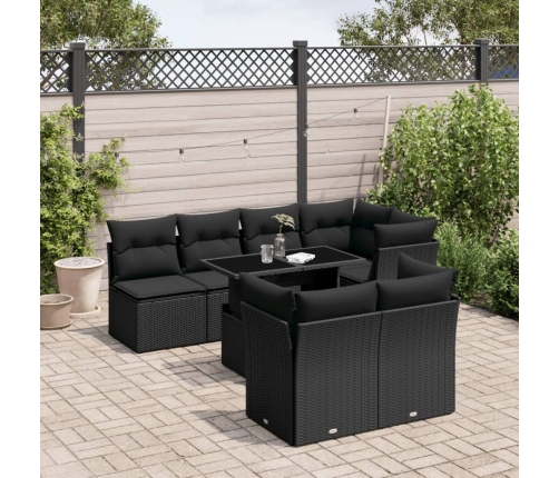 Set de sofás de jardín 8 piezas y cojines ratán sintético negro