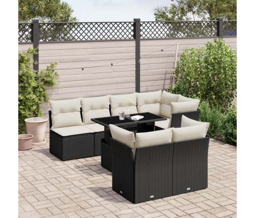Set de sofás de jardín 8 piezas y cojines ratán sintético negro