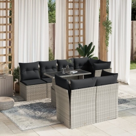 Set de sofás de jardín 8 pzas y cojines ratán sintético gris
