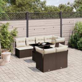 Set sofás de jardín 8 piezas y cojines ratán sintético marrón