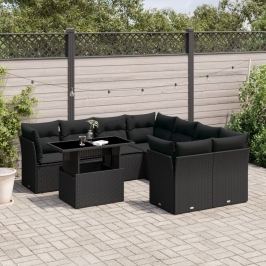 Set de sofás de jardín 8 piezas y cojines ratán sintético negro