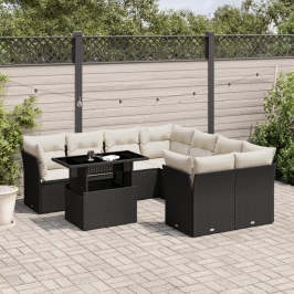 Set de sofás de jardín 8 piezas y cojines ratán sintético negro
