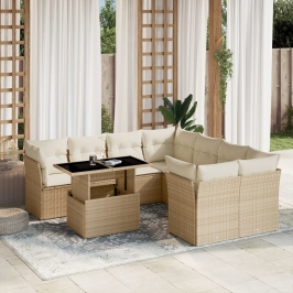 Set de sofás de jardín 9 pzas con cojines ratán sintético beige