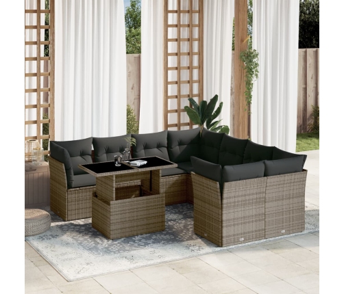Set de muebles de jardín 9 pzas y cojines ratán sintético gris